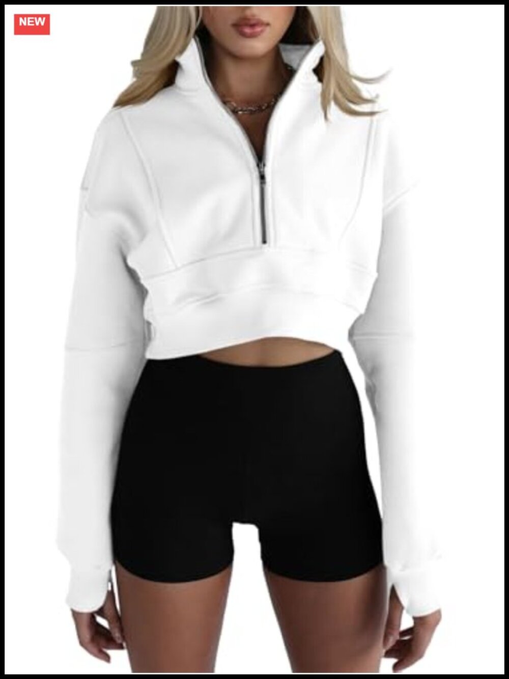 Half Zip Cropped Sweatshirt Thumb Hole Long Sleeve Fleece Lined Pullover